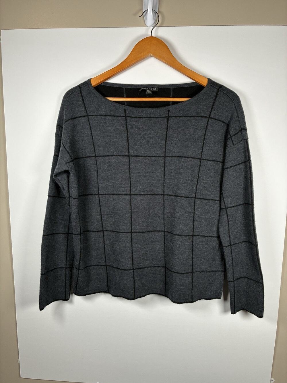 Eileen Fisher XS 92% Merino Wool Sweater Charcoal Gray Windowpane Boat Neck